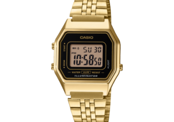 RELÓGIO DE PULSO VINTAGE DIGITAL CAIXA RESINA/PULSEIRA AÇO DOURADO FUNDO PRETO CASIO