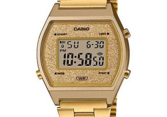 RELÓGIO DE PULSO CASIO VINTAGE DIGITAL CAIXA RESINA DOURADA MOSTRADOR COM FUNDO DOURADO PULSEIRA AÇO DOURADA